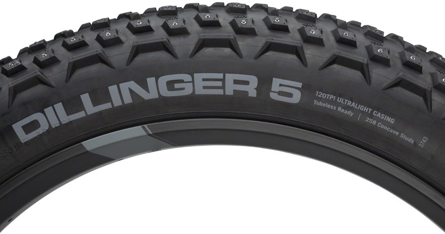 45NRTH Dillinger 5 Tire - 26 x 4.6, Tubeless, Folding, Black, 120tpi, 258 Concave Carbide Aluminum Studs